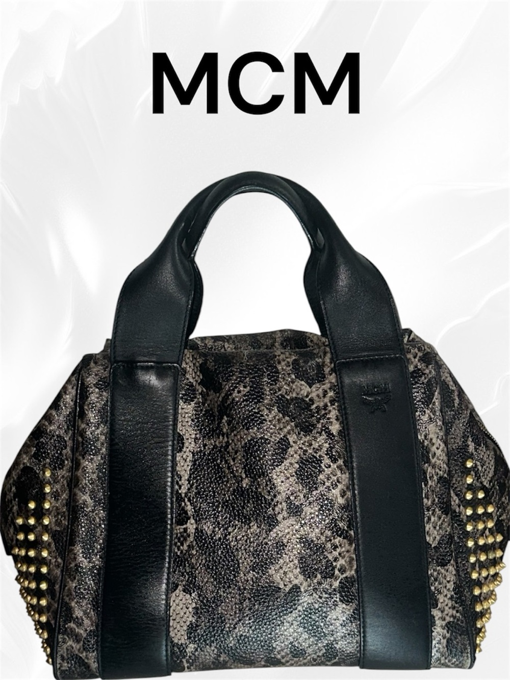 MCM Studded Python Print Leather Satchel Crossbody Bag Large EUC